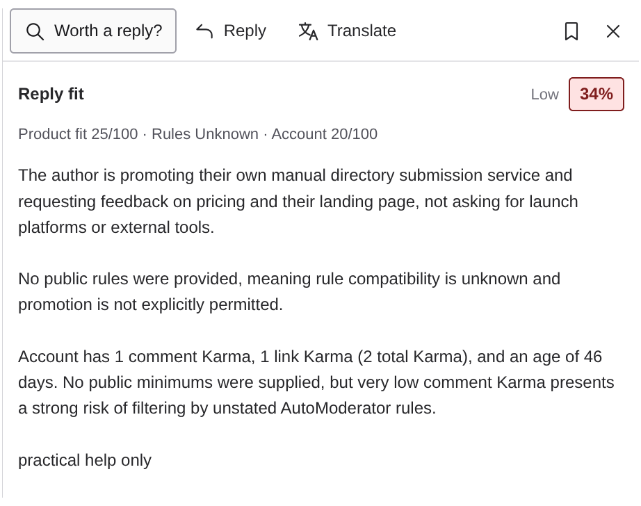 Worth a reply score and its product fit, community rules, and account reasoning.